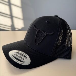 Yupoong Classic Black Trucker Snapback Hat - Tonal Skull Embroidery